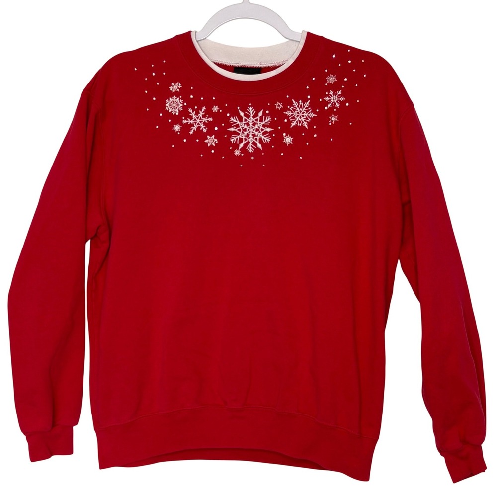 Vtg Trillogy Morning Sun Snowflake Sweatshirt Red Large Grannycore Holiday Cozy